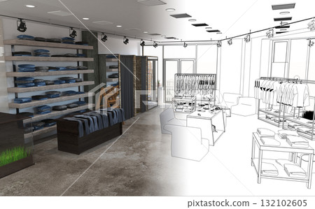clothing store, interior visualization, 3D illustration clothing store, interior visualization, 3D illustration 132102605