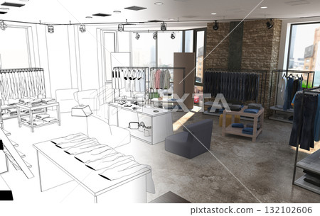 clothing store, interior visualization, 3D illustration clothing store, interior visualization, 3D illustration 132102606