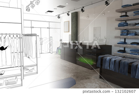 clothing store, interior visualization, 3D illustration clothing store, interior visualization, 3D illustration 132102607