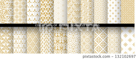 Geometric floral set of seamless patterns. White and golden vector backgrounds. Damask graphic ornaments Geometric floral set of seamless patterns. White and golden vector backgrounds. Damask graphic ornaments 132102697