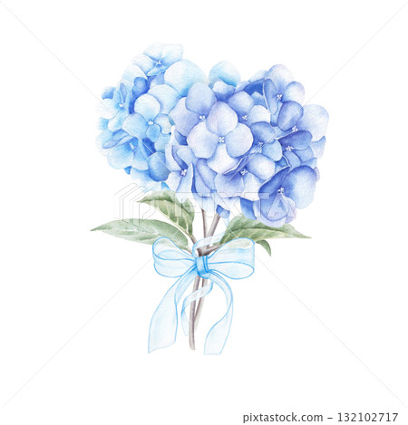 Watercolor bouquet of blue and purple hydrangea flowers and leaves. Hand drawn illustration isolated on white background for print and design 132102717