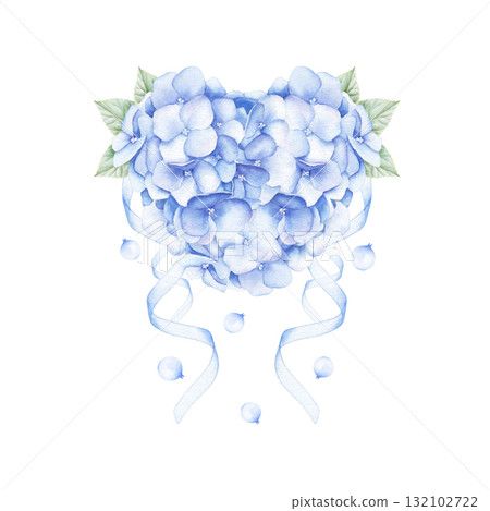Watercolor arrangement of purple hydrangea flowers in the shape of a heart with leaves and ribbons. Hand drawn illustration for print and design Watercolor arrangement of purple hydrangea flowers in the shape of a heart with leaves and ribbons. Hand drawn illustration for print and design 132102722