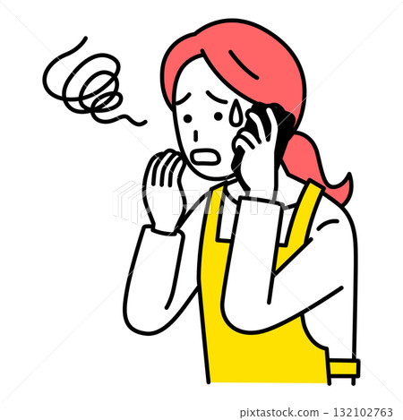 一名圍著圍裙的女子被智慧型手機來電弄糊塗了 132102763