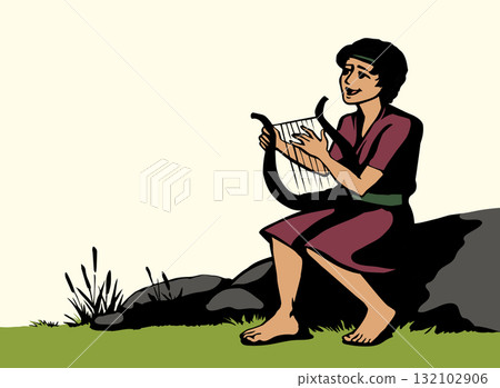 Vector drawing. Guy playing the harp 132102906