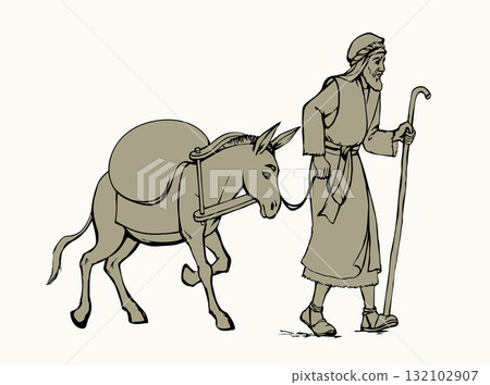 Vector drawing. Donkey loaded with cargo 132102907