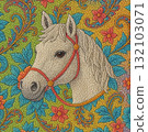 Rainbow colored flowers and white horse embroidery art design 132103071