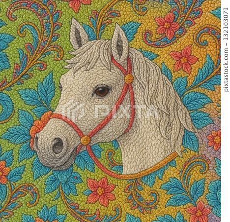Rainbow colored flowers and white horse embroidery art design Rainbow colored flowers and white horse embroidery art design 132103071
