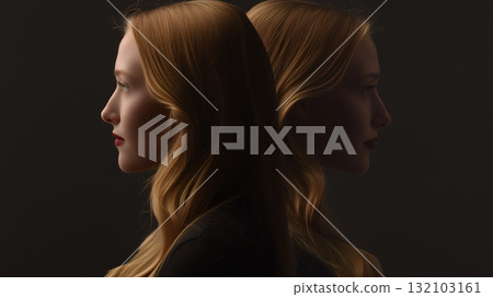 Symmetrical Portrait of Woman with Long Blonde Hair and Reflection Facing Opposite Direction on Dark Background 132103161