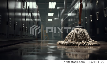 Low-Angle View of Mop on Wet Floor in Locker-Lined Hallway with Industrial Lighting and Caution Sign 132103172