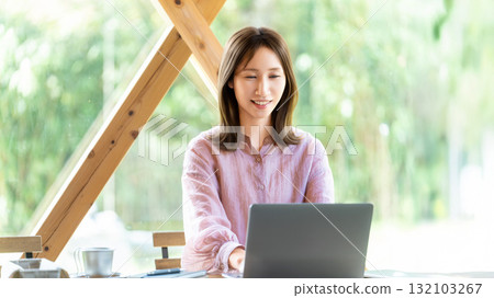 在咖啡館工作的女人/女商人 132103267