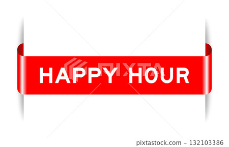 Red color inserted label banner with word happy hour on white background 132103386
