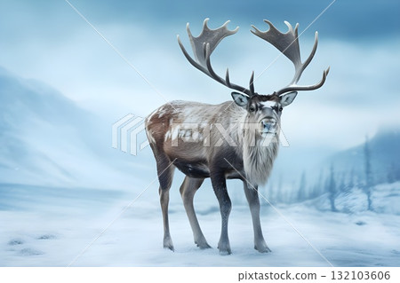 Wild reindeer with large antlers standing on snowy winter field, herd of majestic reindeer in cold Arctic landscape, traditional Christmas reindeer sleigh scene, wildlife nature background photo 132103606