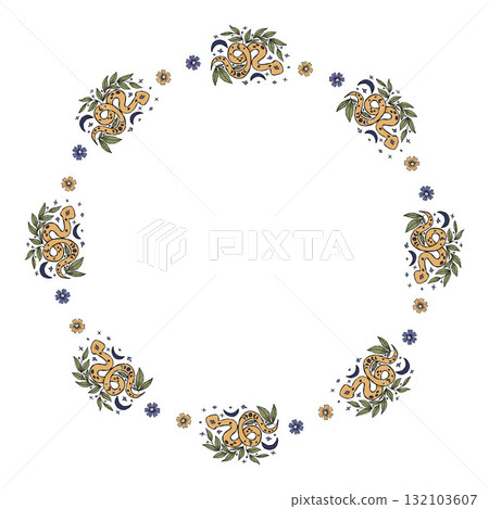 Mystical Snake Round Frame. Decorative Circular Wreath with Mysterious Kundalini, Moon Crescent and Flowers. Textured Hand Drawing Doodle for magic design. Vector Illustration. Not AI 132103607