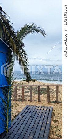 Closed at the end of the season, this coastal beach bar features white tables, palm tree decor, and a surfboard-shaped sign by the ocean. 132103615