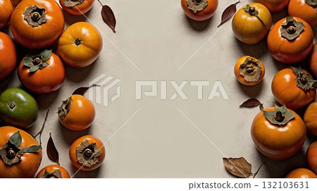 Five ripe persimmons with dried leaves on a wooden table, warm natural light, a cozy autumn harvest mood. Autumn harvest concept, website banner 132103631