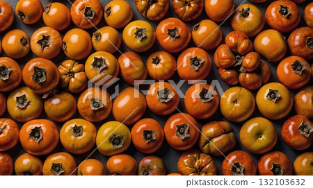 Five ripe persimmons with dried leaves on a wooden table, warm natural light, a cozy autumn harvest mood. Autumn harvest concept, website banner 132103632