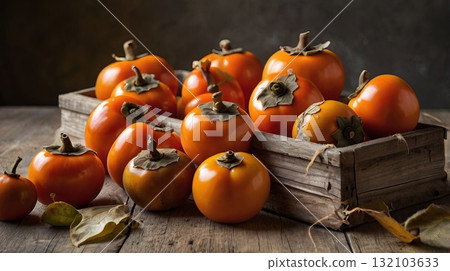 Five ripe persimmons with dried leaves on a wooden table, warm natural light, a cozy autumn harvest mood. Autumn harvest concept, website banner 132103633