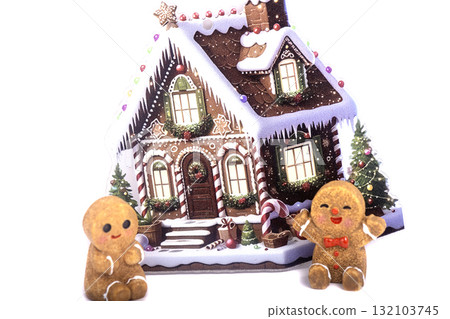 Christmas landscape with gifts and snow. Merry christmas and happy new year . Christmas celebration holiday background 132103745