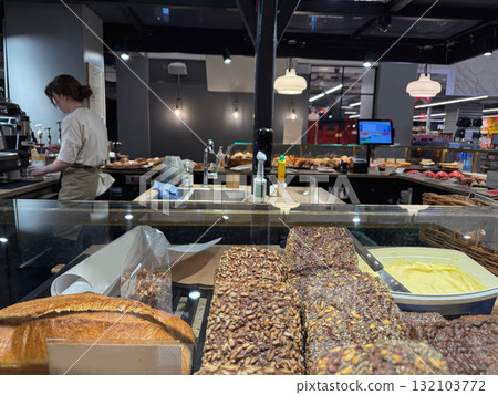 Fresh rye bread at cozy healthy lifestyle cafe 132103772