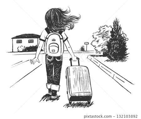 ink illustration: a girl with flowing hair carries a suitcase down a provincial street 132103892
