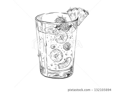 An ink illustration of a glass with a fruity drink, isolated on a transparent background 132103894