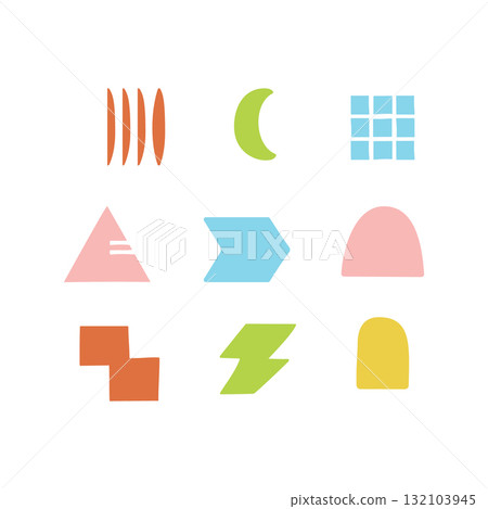 Collection of colorful geometric abstract shapes in soft pastel tones with playful, modern forms. Vector. 132103945