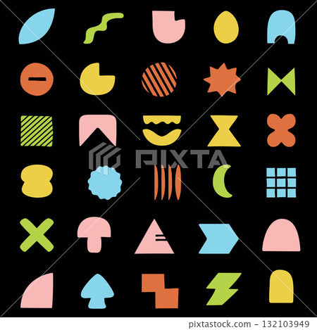 Colorful Abstract Shapes Grid With Bold Geometric Icons On Black Background For Modern Design. Vector Colorful Abstract Shapes Grid With Bold Geometric Icons On Black Background For Modern Design. Vector 132103949