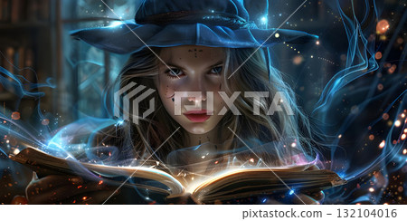 Halloween Witch girl with magic Book background, Happy Halloween - Ai Generated 132104016