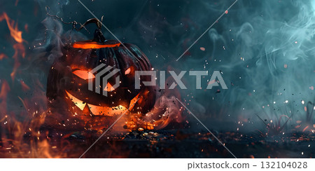 Halloween with evil pumpkin background, Happy Halloween - Ai Generated 132104028