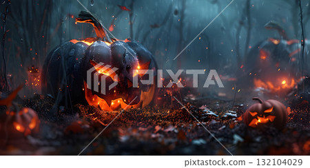 Halloween with evil pumpkin background, Happy Halloween - Ai Generated 132104029
