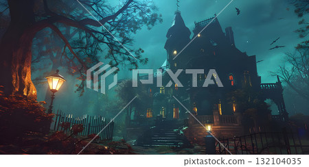 Horror Halloween haunted house in creepy night background, Happy Halloween - Ai Generated Horror Halloween haunted house in creepy night background, Happy Halloween - Ai Generated 132104035
