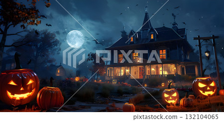 Pumpkins and decorations outside a house background, Happy Halloween - Ai Generated 132104065