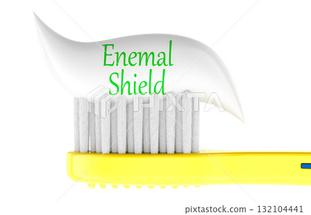 Enamel shield, concept with toothbrush and toothpaste. 3D rendering Enamel shield, concept with toothbrush and toothpaste. 3D rendering 132104441