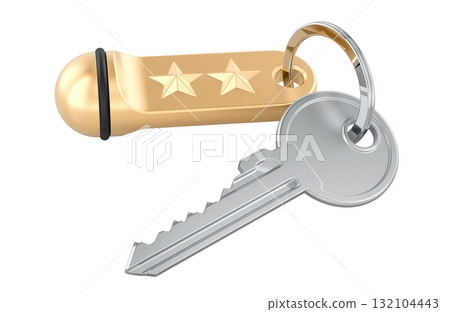 Key with gold two-star hotel key tag. 3D rendering 132104443