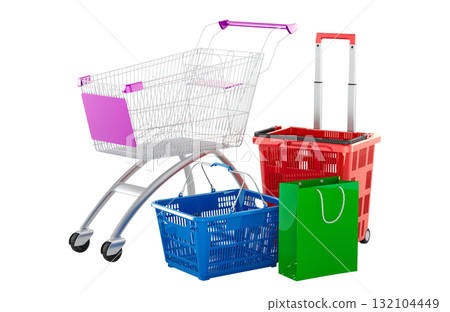 Shopping cart with basket, trolley basket and green paper bag. 3D rendering 132104449