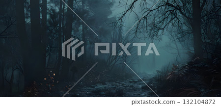 Spooky foggy forest background, Happy Halloween - Ai Generated 132104872