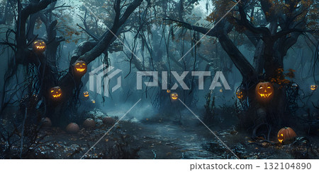Spooky Halloween forest with scary black trees and pumpkins background, Happy Halloween - Ai Generated 132104890