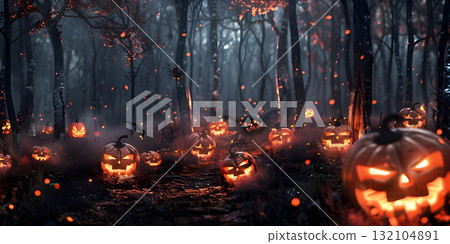 Spooky Halloween forest with scary black trees and pumpkins background, Happy Halloween - Ai Generated 132104891