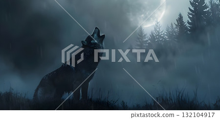 Wolf howling in front of moon background, Happy Halloween - Ai Generated 132104917