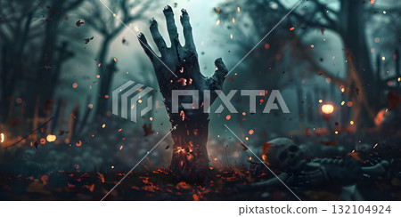 Zombie hand in Graveyard background, Happy Halloween - Ai Generated 132104924