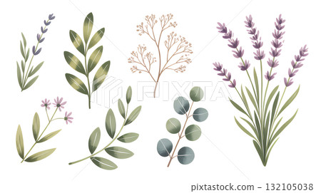 手繪薰衣草與植物綠色套裝 132105038