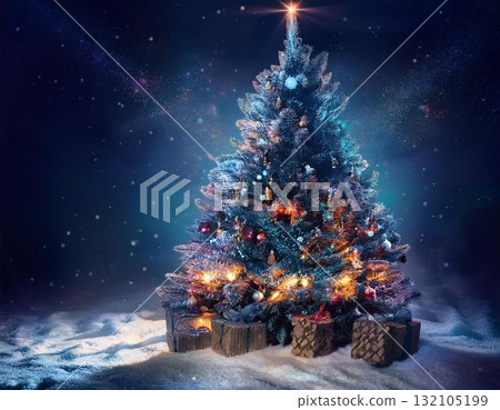 Fantastic Christmas tree illustration (outdoors) (AI generated image) 132105199