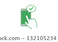Hand touching a smartphone screen with a green checkmark in a speech bubble, isolated on white background vector design 132105234