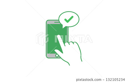 Hand touching a smartphone screen with a green checkmark in a speech bubble, isolated on white background vector design 132105234