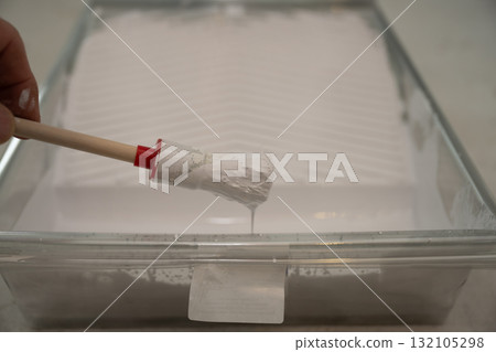 hand using a small round brush inside a plastic paint tray filled with white interior paint hand using a small round brush inside a plastic paint tray filled with white interior paint 132105298
