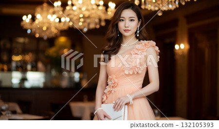 一位身穿優雅連身裙的女士在枝形吊燈下微笑 一位身穿優雅連身裙的女士在枝形吊燈下微笑 132105393