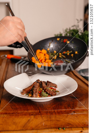 Beef Meal Decorated with Carrot. Plating. 132105657