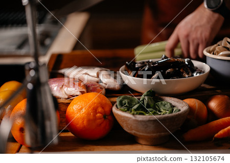 Process of mediterranean dish preparation. Process of mediterranean dish preparation. 132105674