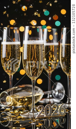 Festive new year celebration: champagne glasses and 2026 decoration with colorful bokeh 132105728
