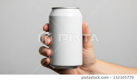 Hand holding blank white can for beverage branding and design mockup 132105770
